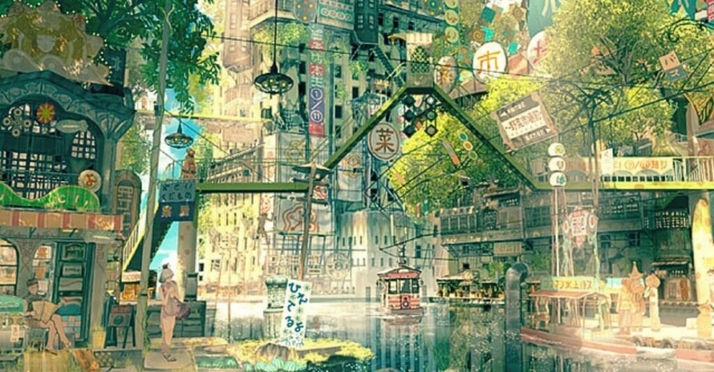 Imperial Boy solarpunk cityscape showing dense architecture and greenery.