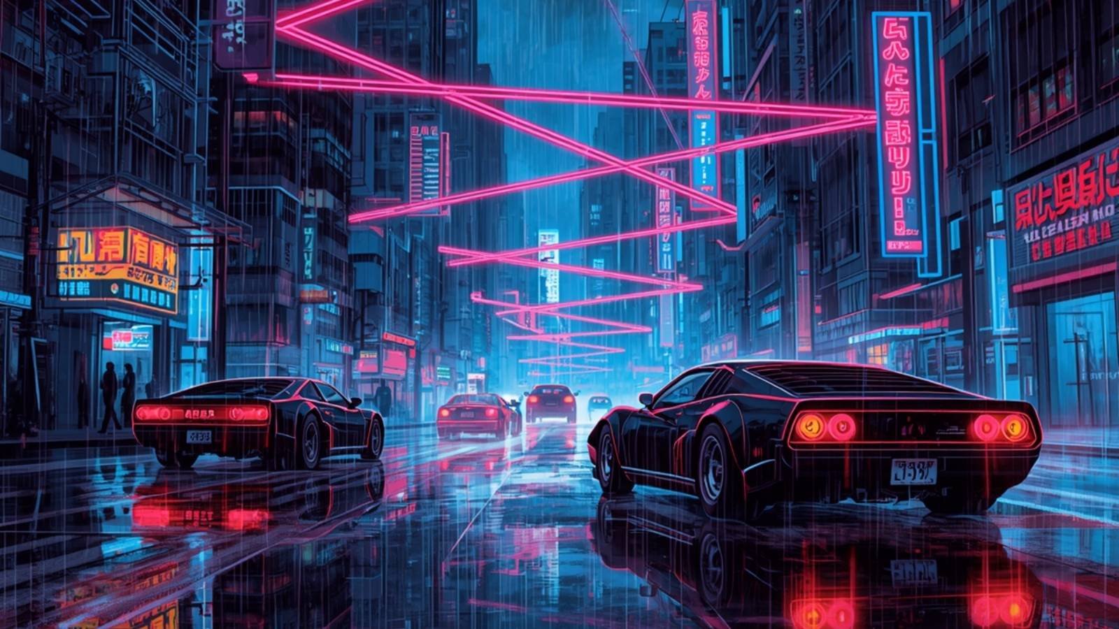 Gritty cyberpunk cityscapes merging seamlessly with glowing neon synthwave grids and retro sports cars.