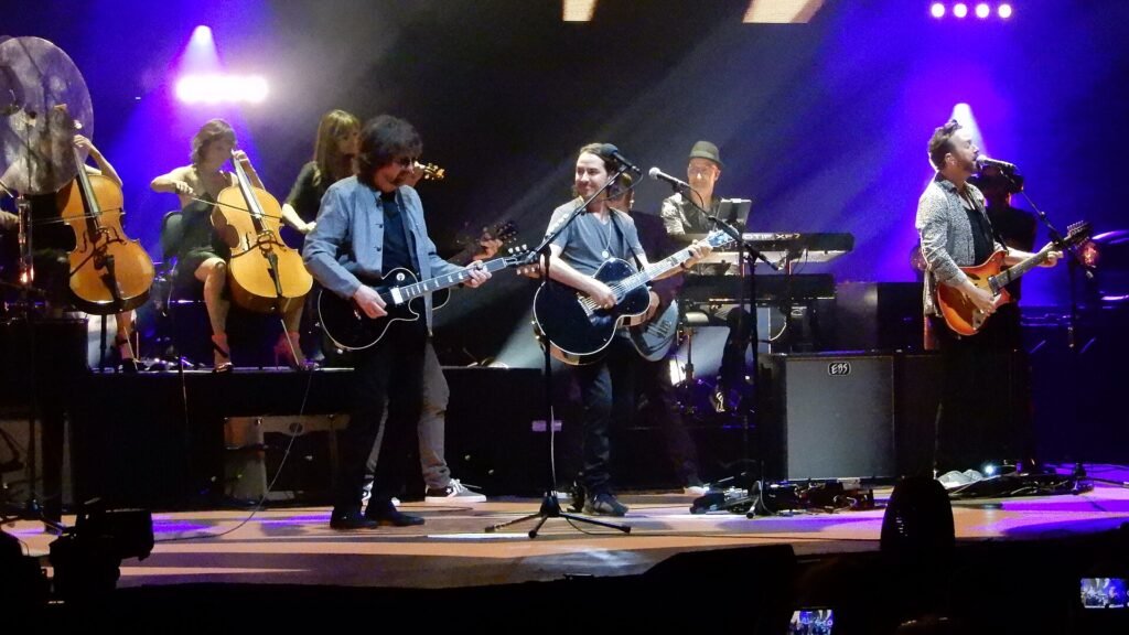 Jeff Lynne playing guitar on stage with Jeff Lynne's ELO in Newark, New Jersey