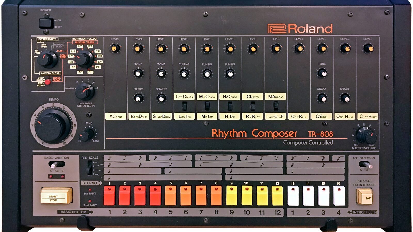 Roland TR-808 Rhythm Composer front panel with coloured step buttons