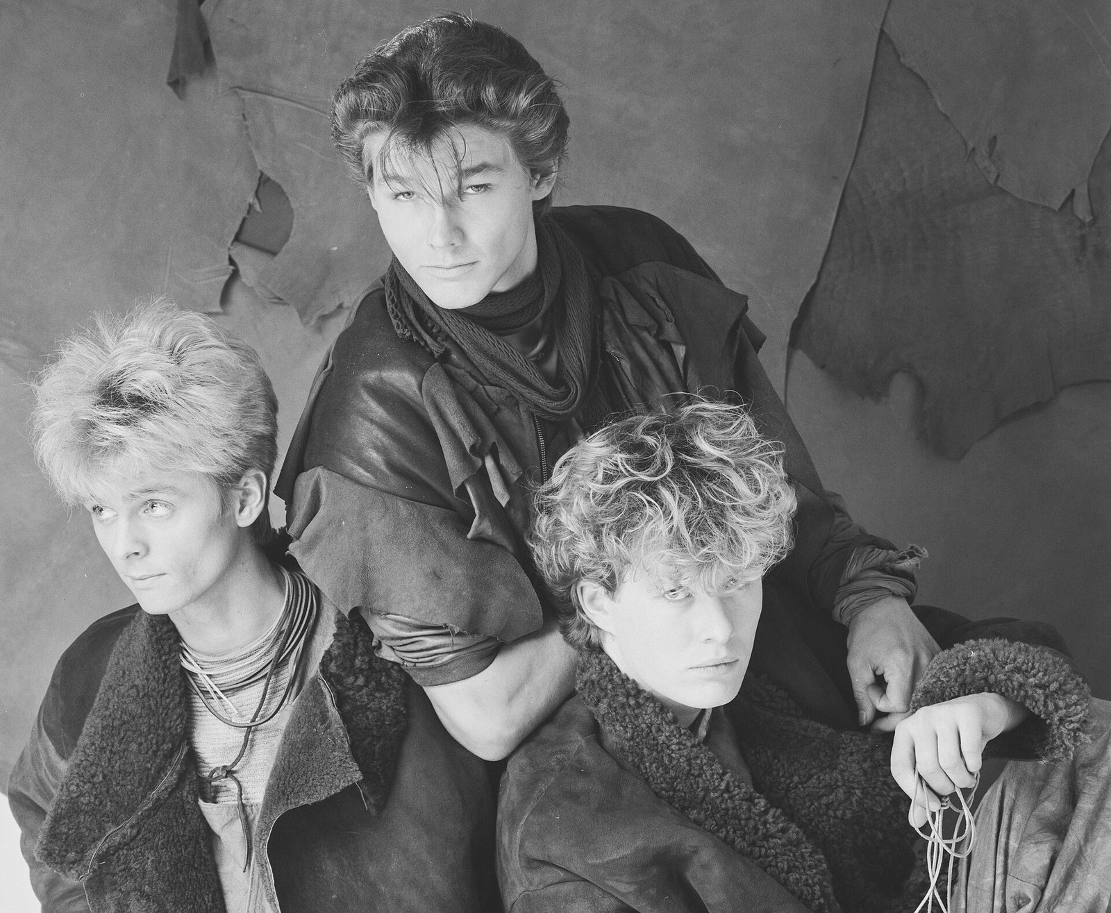 Black and white 1984 portrait of a-ha's Morten Harket, Magne Furuholmen and Pål Waaktaar