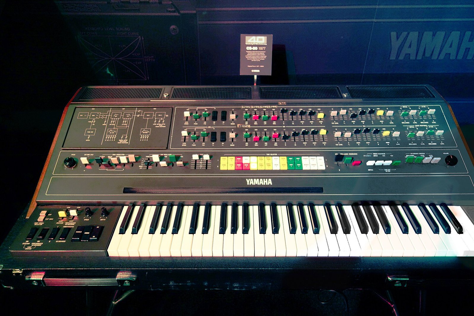 Vintage Yamaha CS-80 polyphonic synthesizer with coloured preset buttons on display