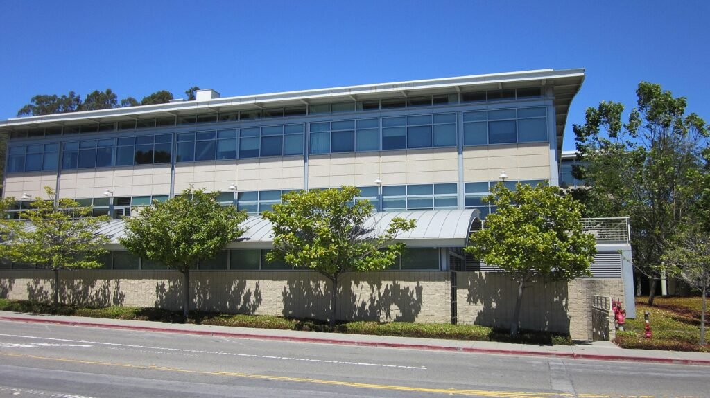 A long low office building with blue glass windows behind a row of young trees, under a clear blue sky